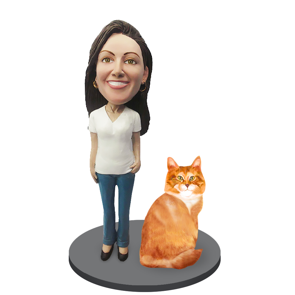 Custom Female with Custom Pet Cat Bobblehead - Orange Tabby Cat
