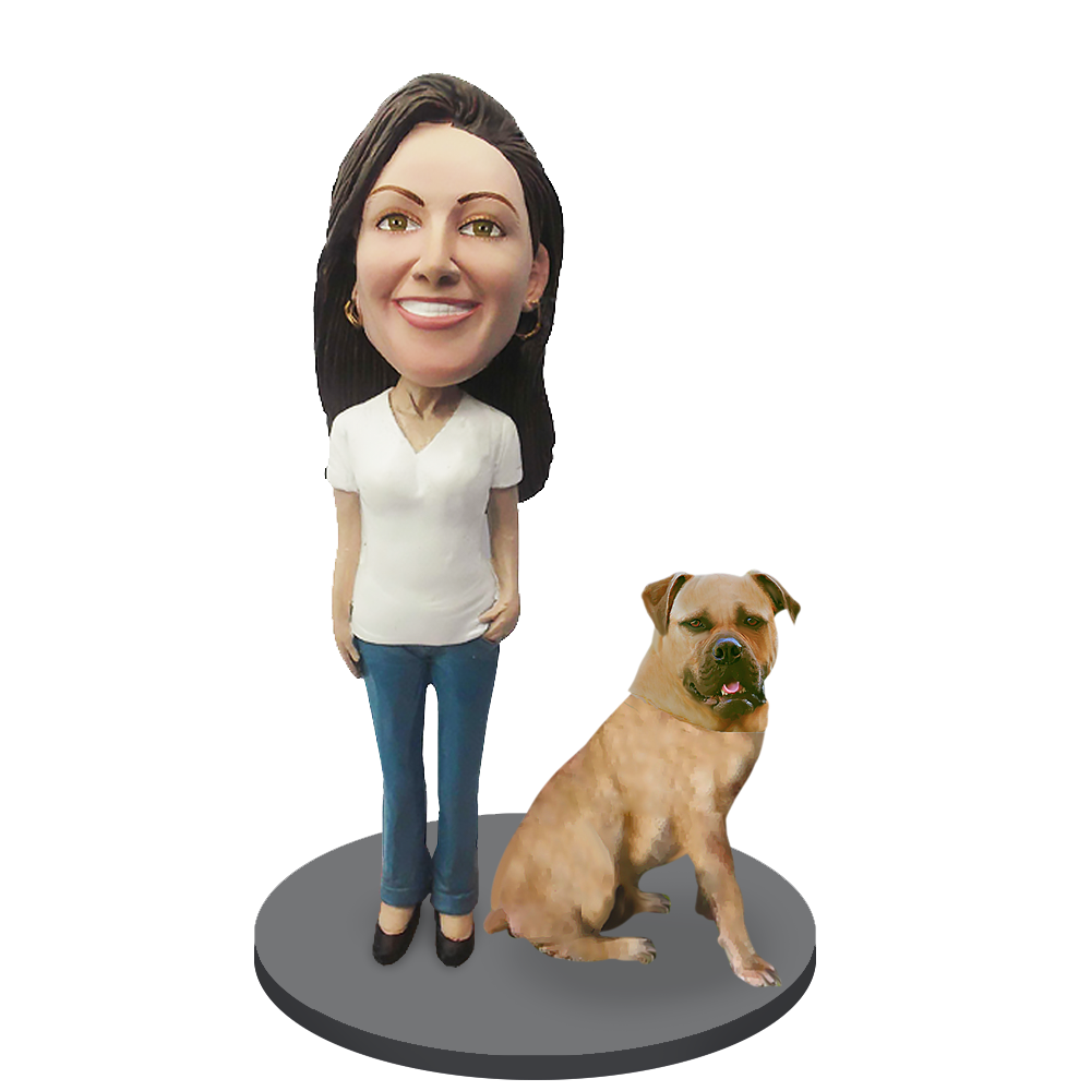 Custom Female with Custom Pet Dog Bobblehead - Bull Mastiff Yellow Fawn
