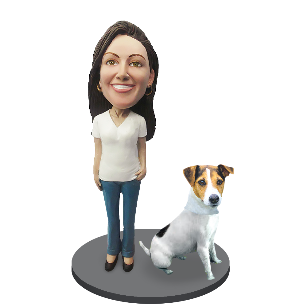 Custom Female with Custom Pet Dog Bobblehead - Jack Russell Terrier
