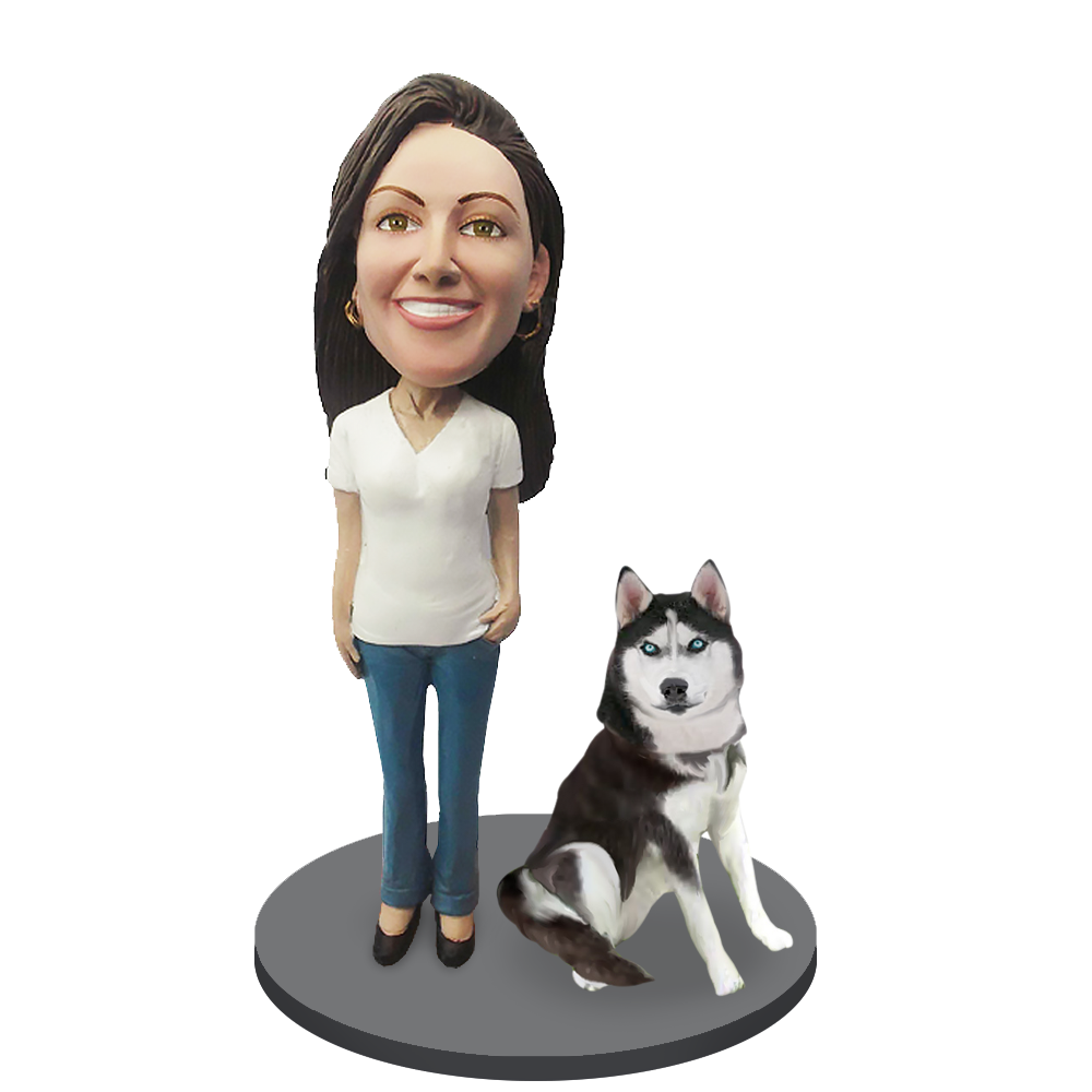 Custom Female with Custom Pet Dog Bobblehead - Husky
