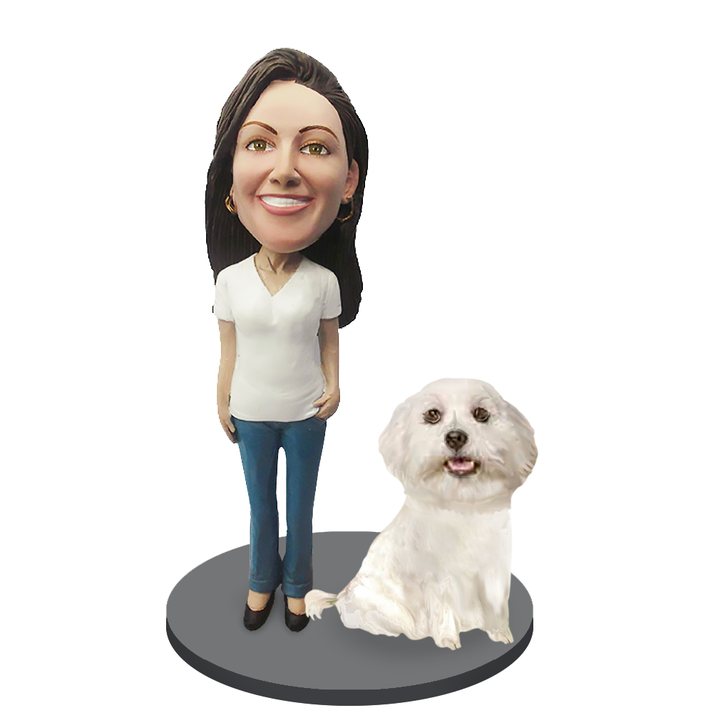 Custom Female with Custom Pet Dog Bobblehead - Maltese