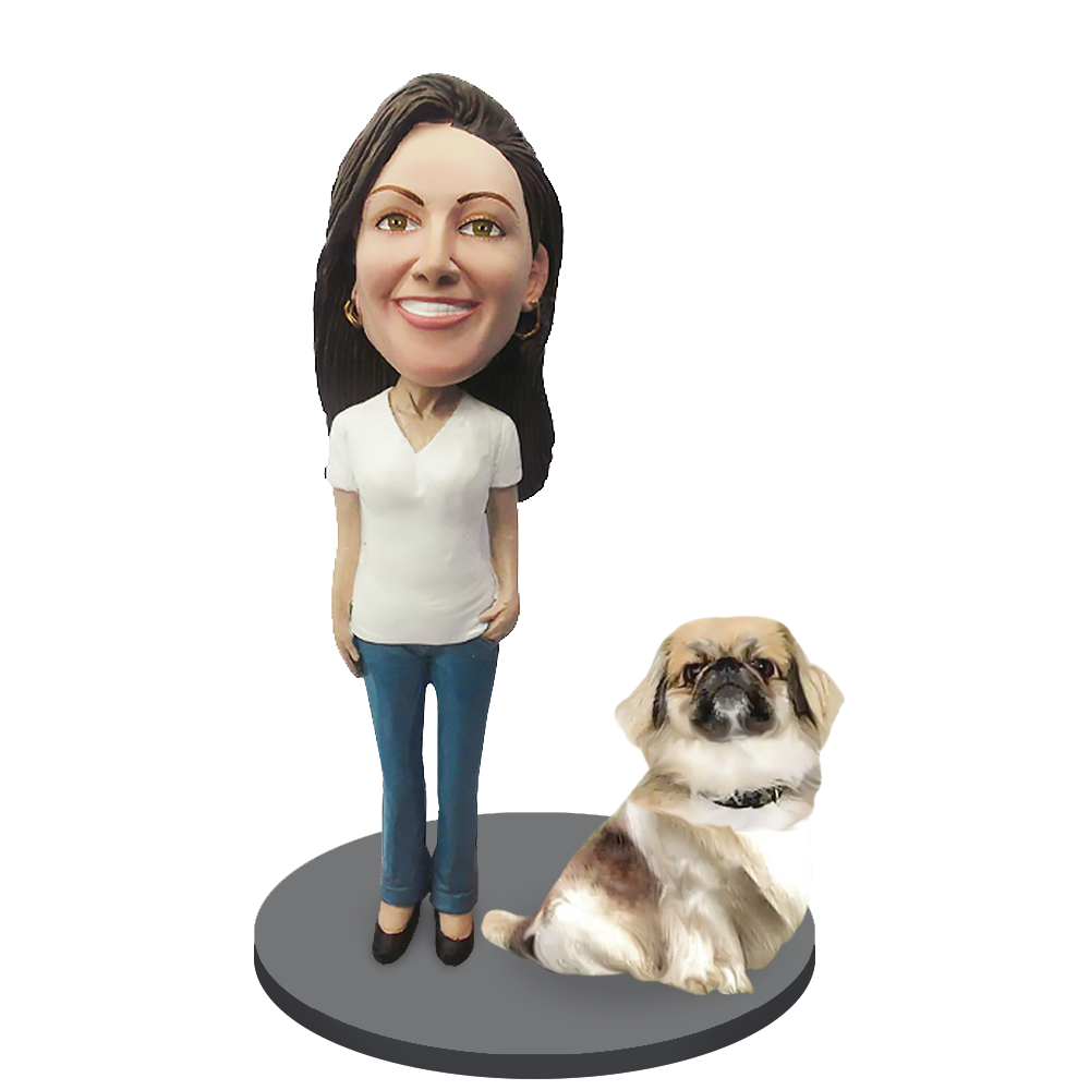 Custom Female with Custom Pet Dog Bobblehead - Pekingese