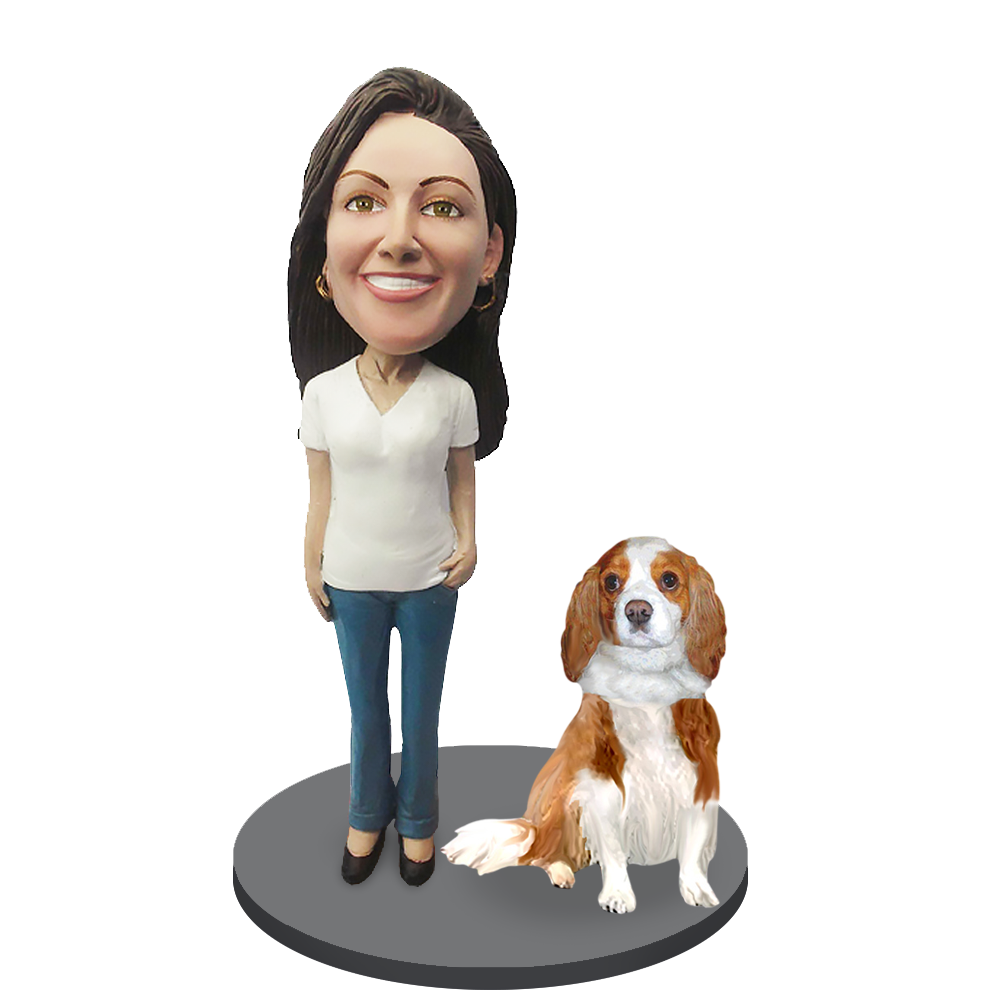 Custom Female with Custom Pet Dog Bobblehead - King Charles