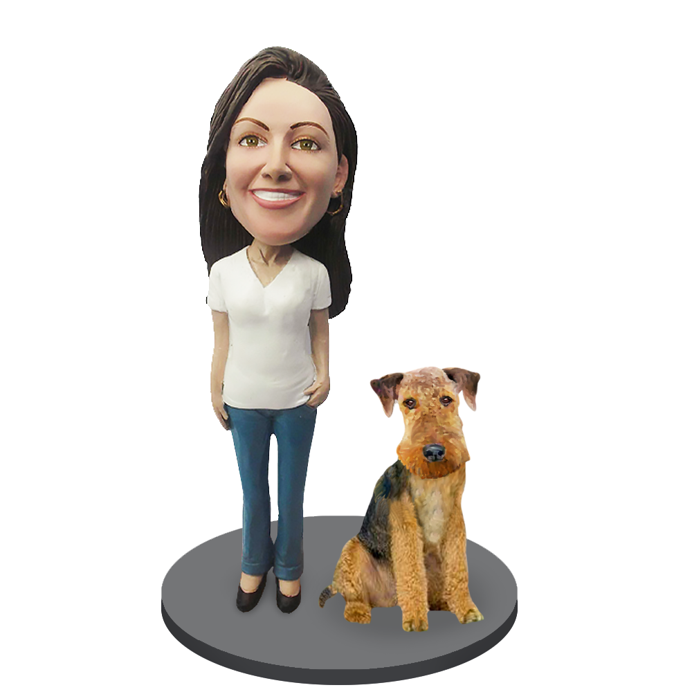 Custom Female with Custom Pet Dog Bobblehead - Airedale