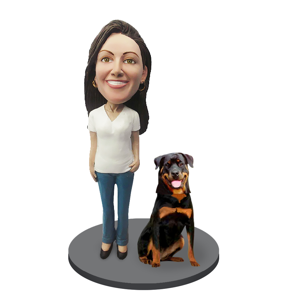 Custom Female with Custom Pet Dog Bobblehead - Rottweiler