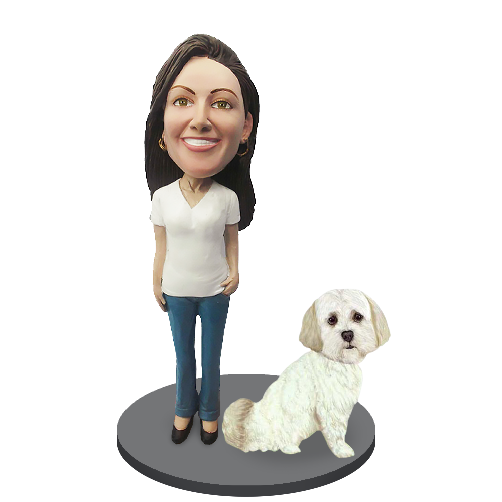 Custom Female with Custom Pet Dog Bobblehead - Shih Tzu
