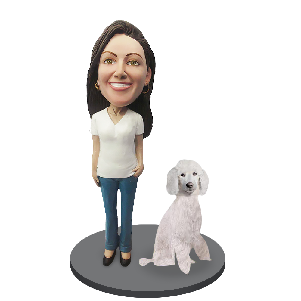 Custom Female with Custom Pet Dog Bobblehead - Poodle White