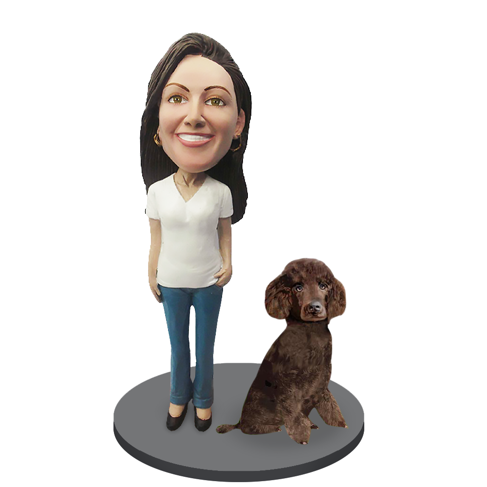 Custom Female with Custom Pet Dog Bobblehead - Poodle Brown Miniature