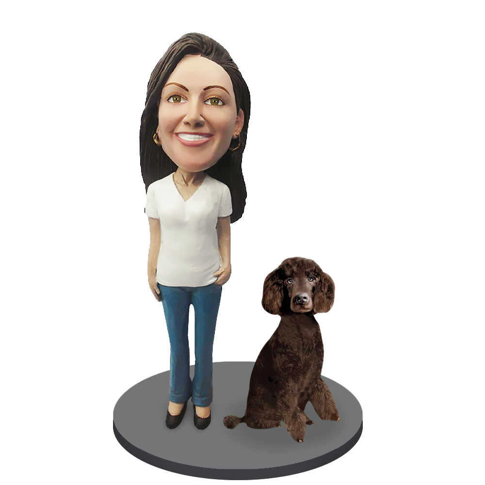 Custom Female with Custom Pet Dog Bobblehead - Poodle Brown