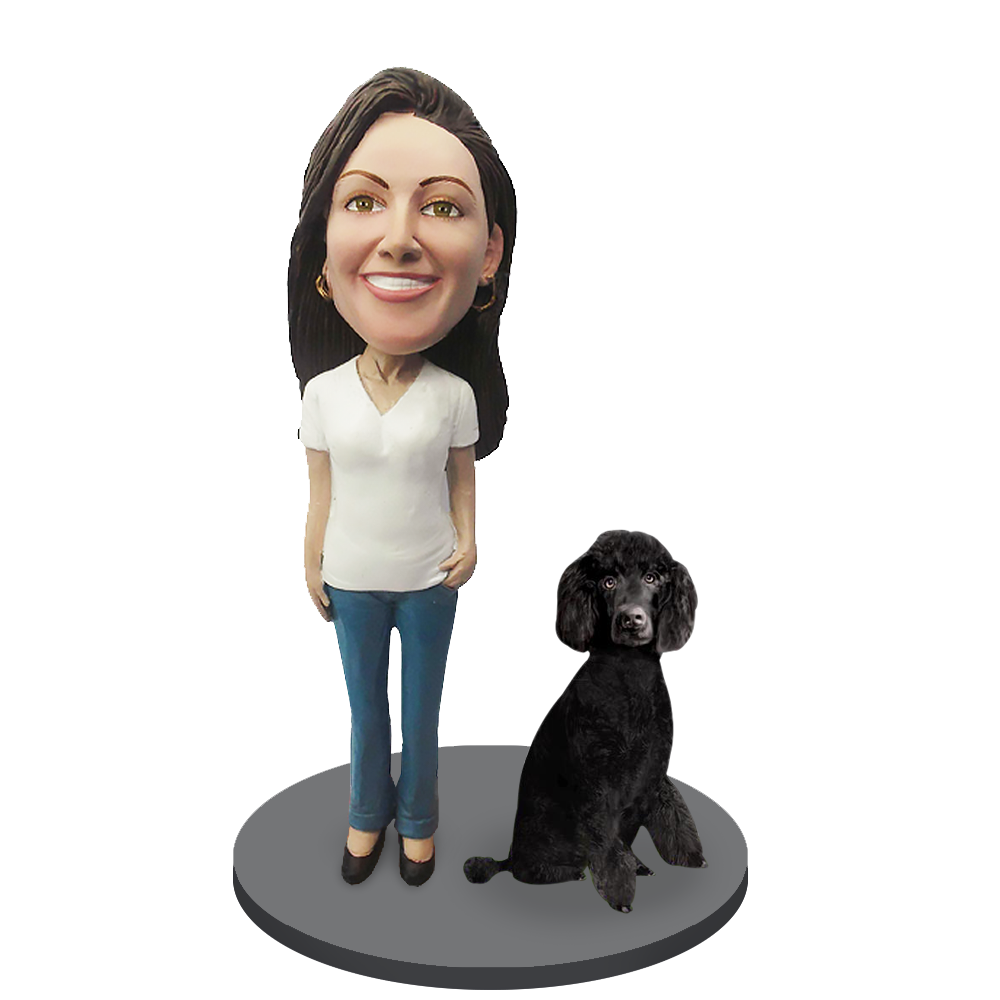Custom Female with Custom Pet Dog Bobblehead - Poodle Black