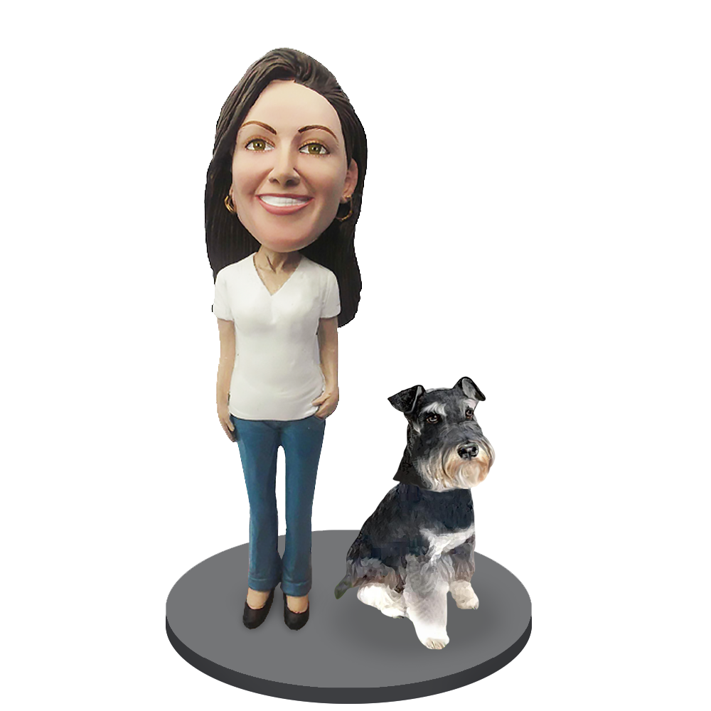 Custom Female with Custom Pet Dog Bobblehead - Schnauzer Mini