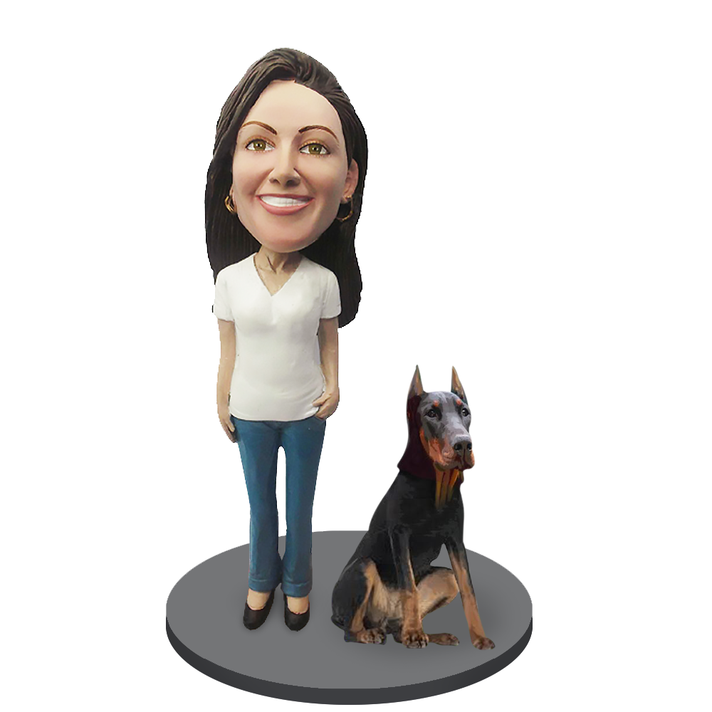 Custom Female with Custom Pet Dog Bobblehead - Doberman Pinscher