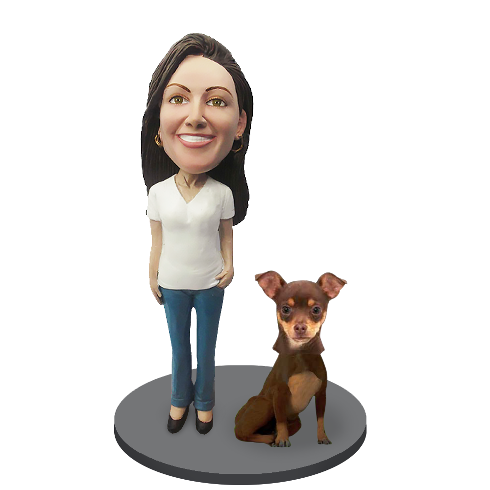 Custom Female with Custom Pet Dog Bobblehead - Chihuahuas Brown