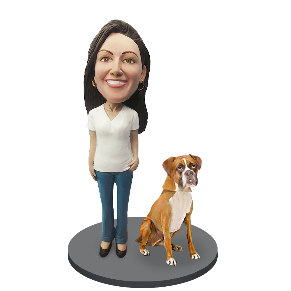 Custom Female with Custom Pet Dog Bobblehead - Boxer Gold