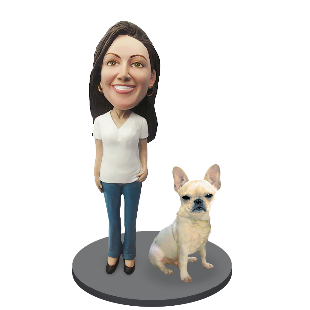 Custom Female with Custom Pet Dog Bobblehead - French Bulldog Fawn