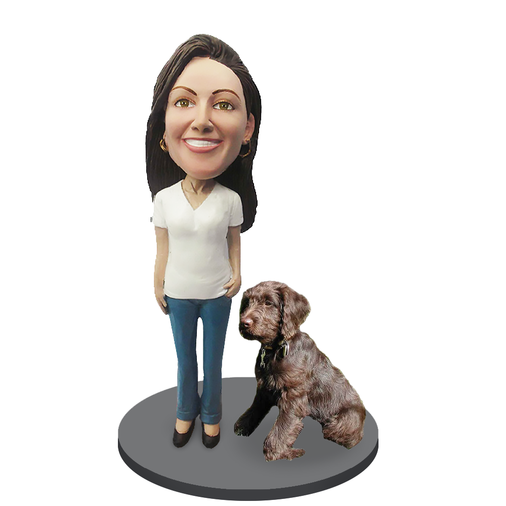 Custom Female with Custom Pet Dog Bobblehead - Labradoodle