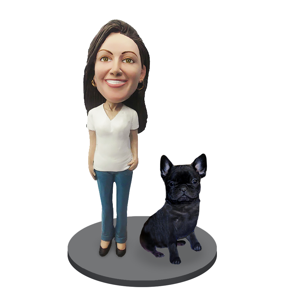 Custom Female with Custom Pet Dog Bobblehead - French Bulldog Black