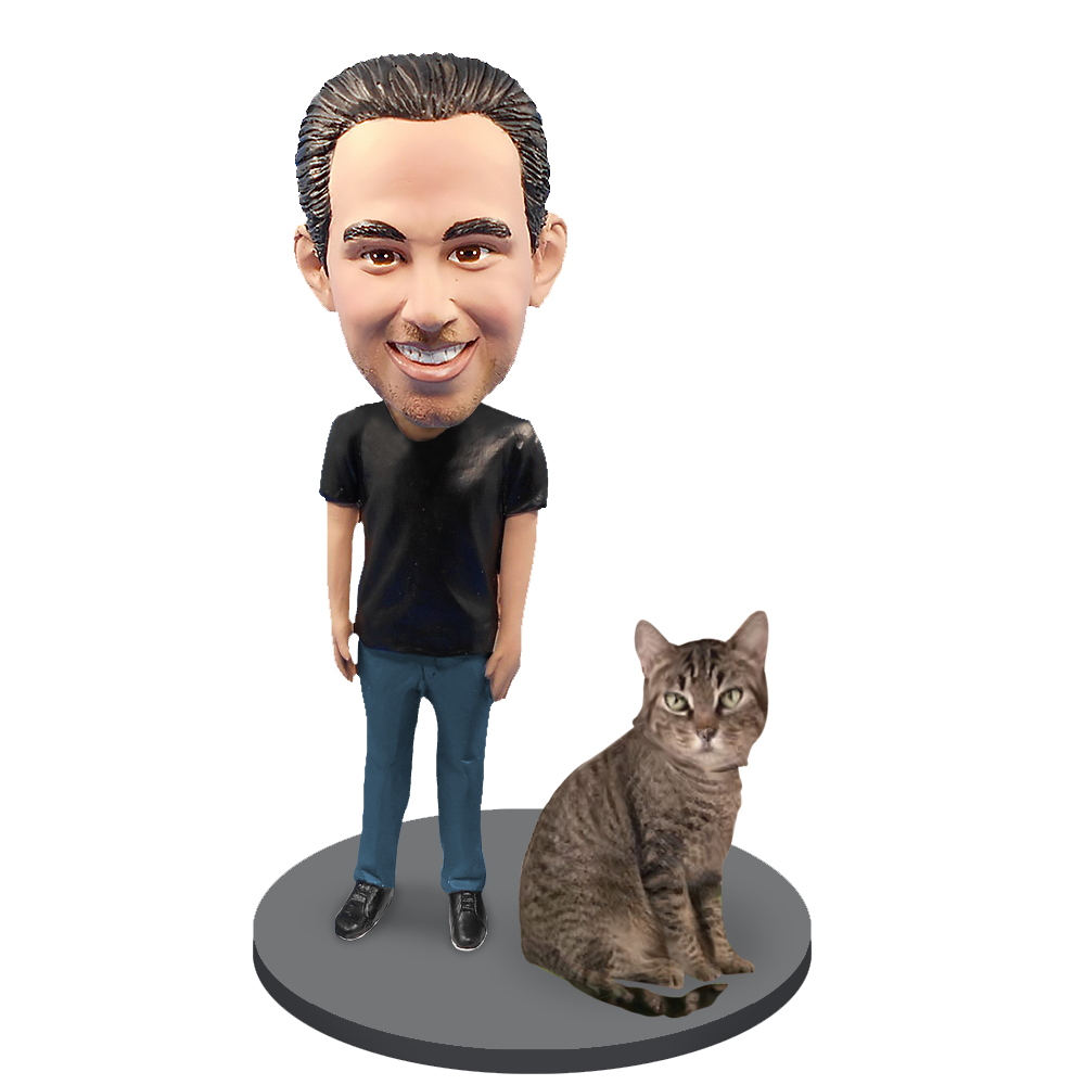 Custom Male with Custom Pet Cat Bobblehead - Shorthair Cat