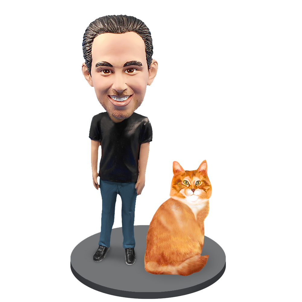 Custom Male with Custom Pet Cat Bobblehead - Orange Tabby Cat