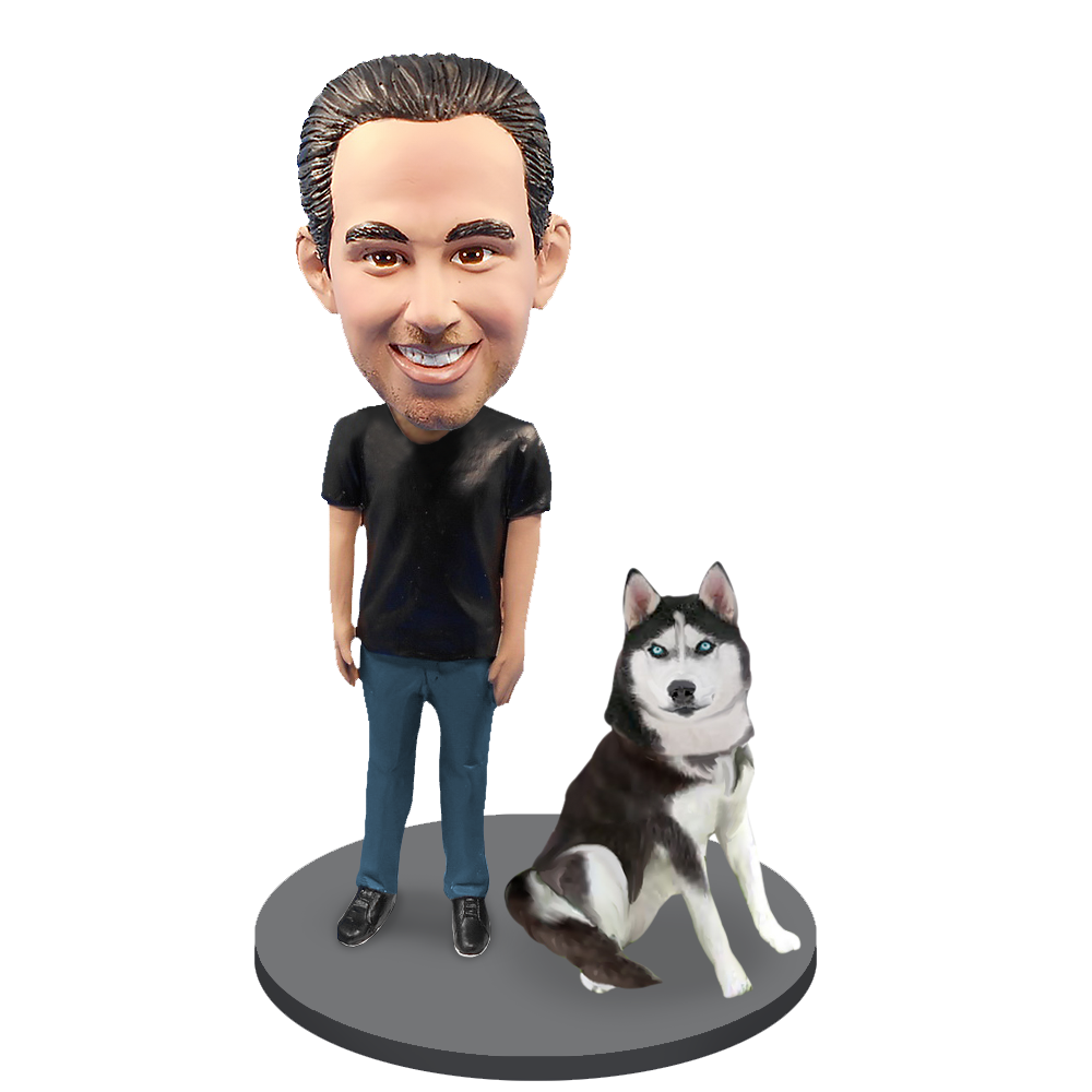 Custom Male with Custom Pet Dog Bobblehead - Husky