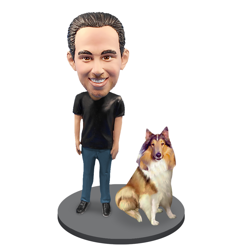 Custom Male with Custom Pet Dog Bobblehead - Collie