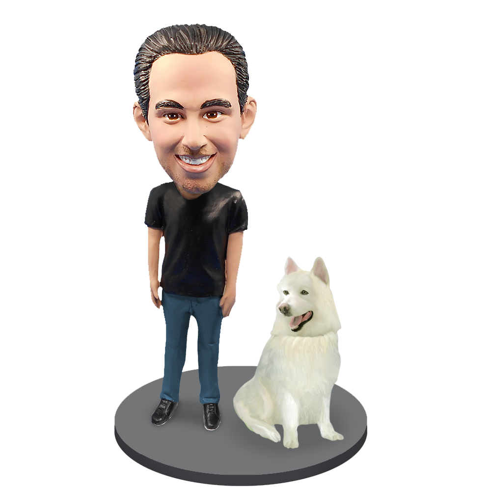 Custom Male with Custom Pet Dog Bobblehead - Samoyed