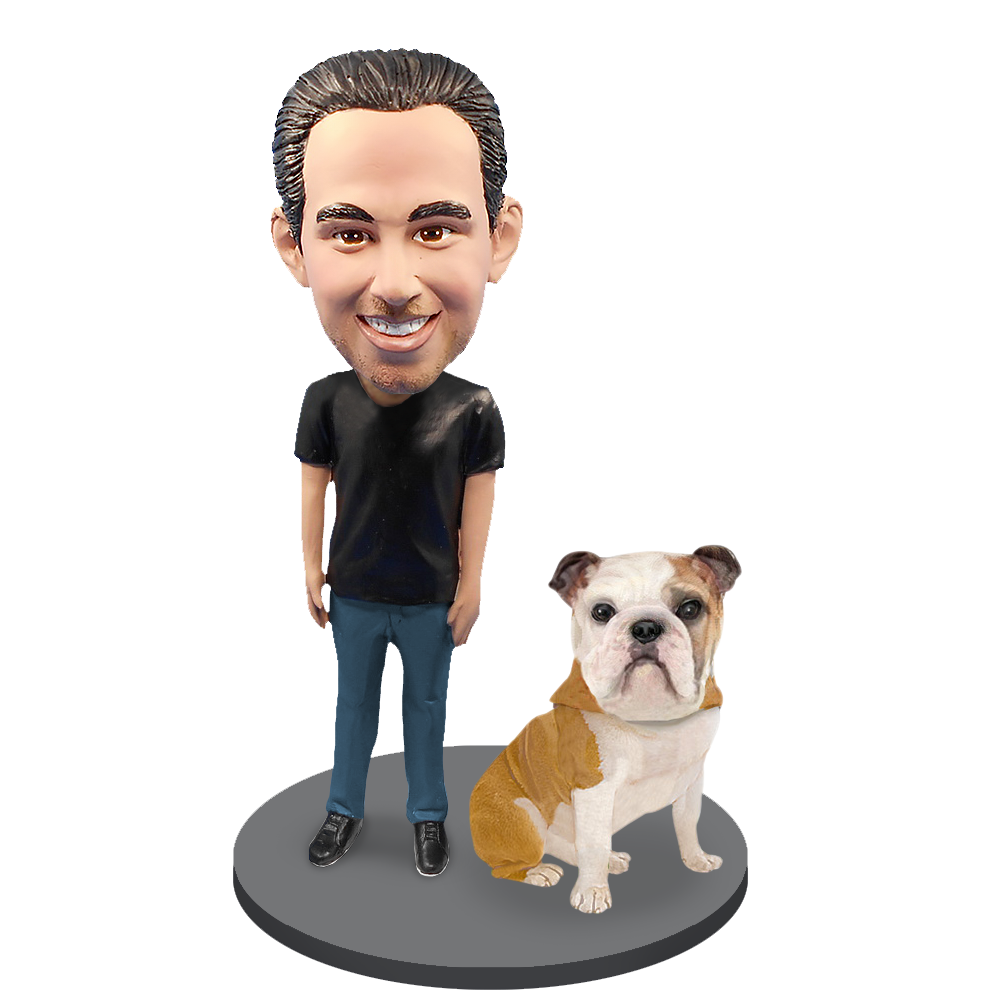 Custom Male with Custom Pet Dog Bobblehead - Bulldog