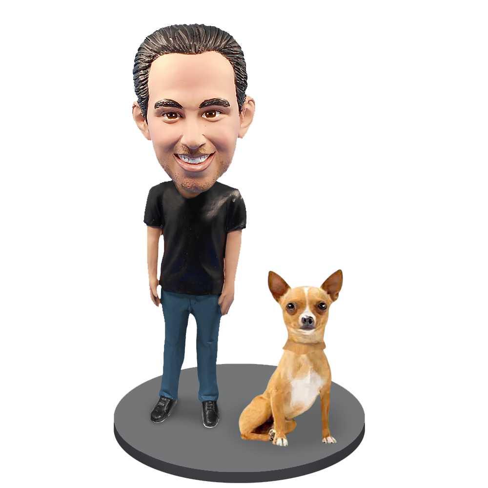 Custom Male with Custom Pet Dog Bobblehead - Chihuahuas Fawn