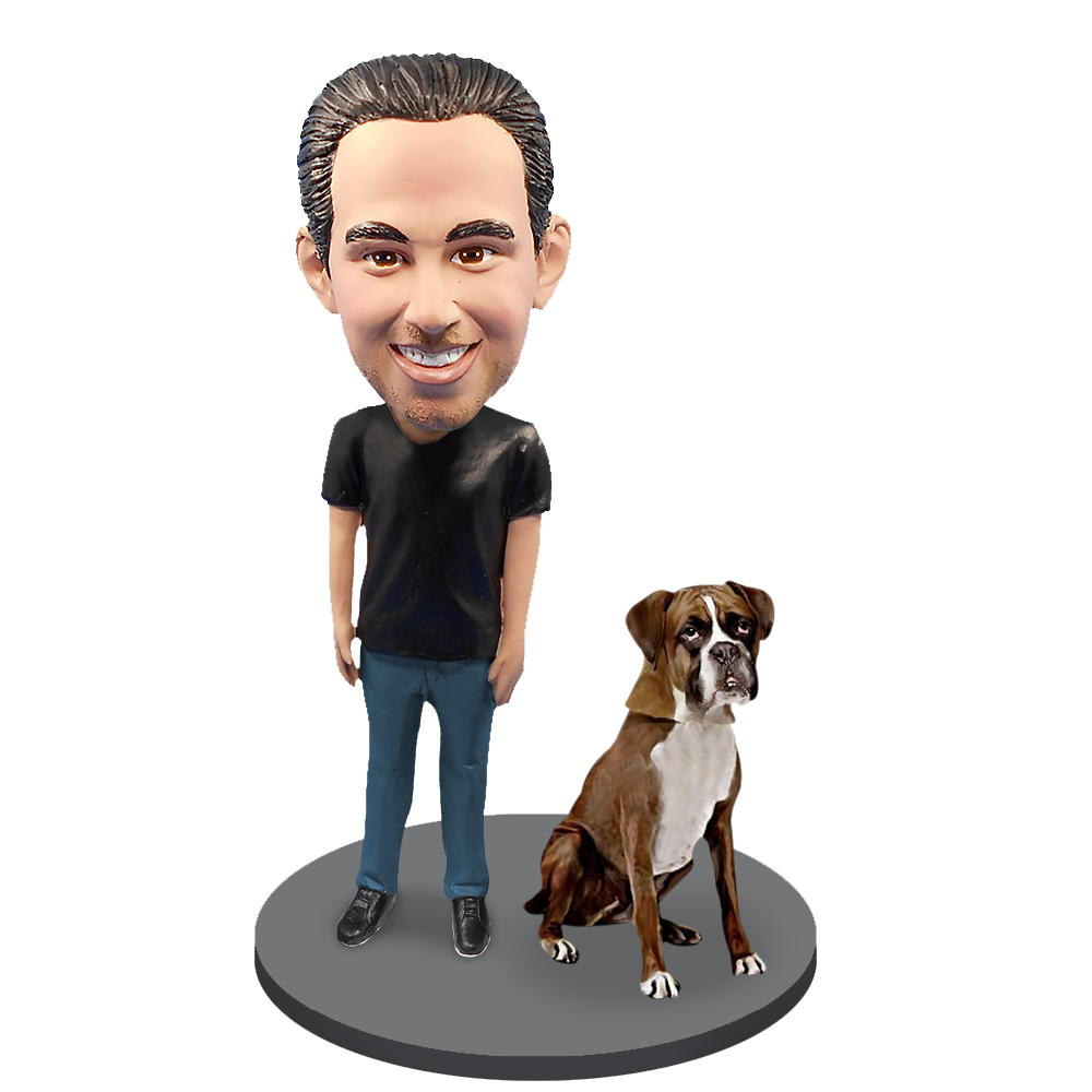 Custom Male with Custom Pet Dog Bobblehead - Boxer Brown