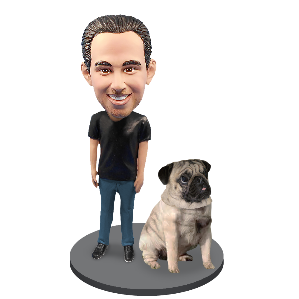 Custom Male with Custom Pet Dog Bobblehead - Pug Fawn