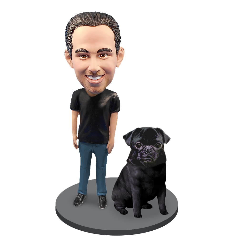 Custom Male with Custom Pet Dog Bobblehead - Pug Black