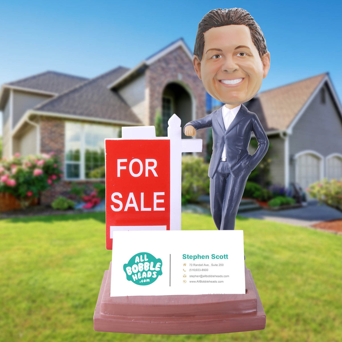 Real Estate Bobblehead with "For Sale" Sign Business Card Holder - Male