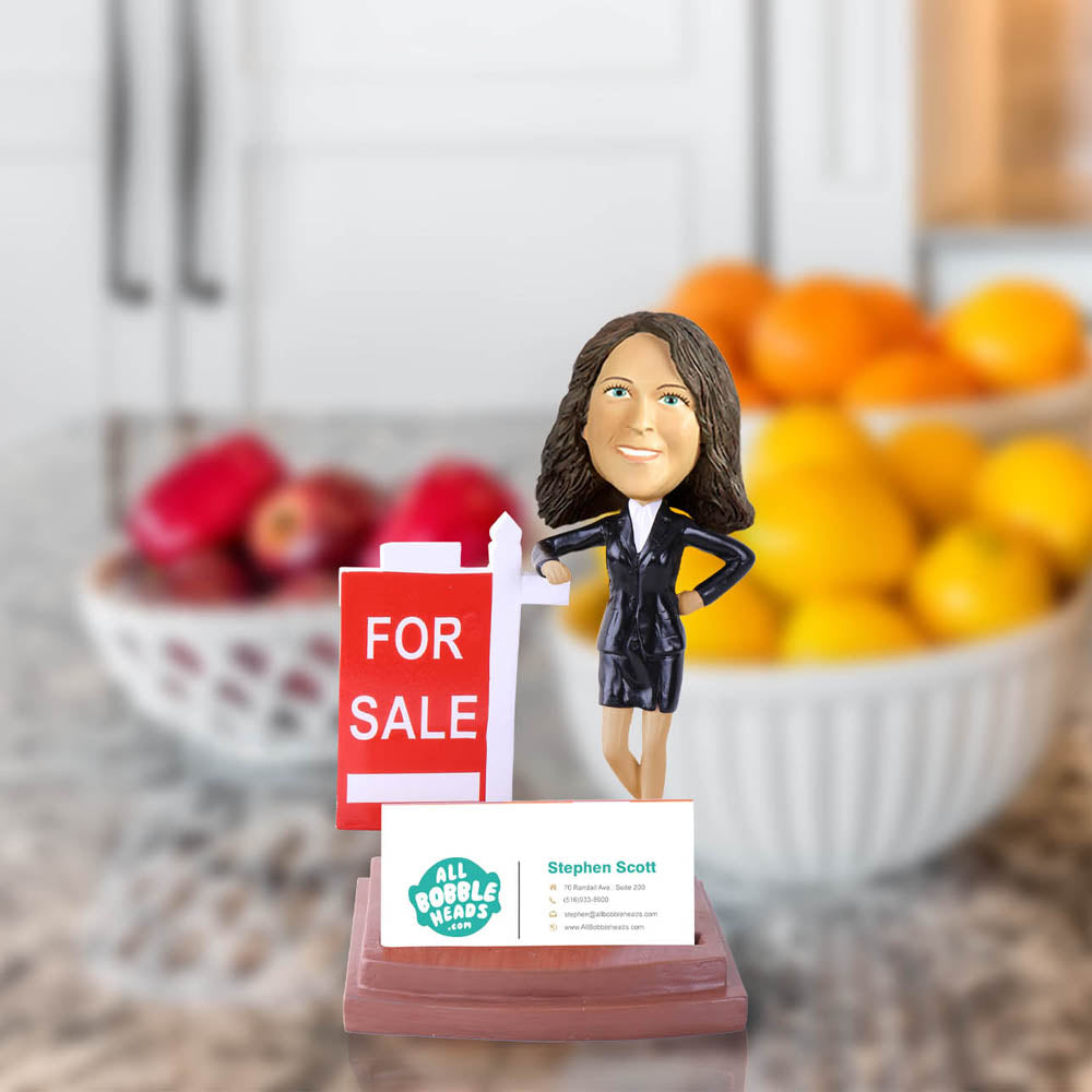 Real Estate Bobblehead with "For Sale" Sign Business Card Holder - Female